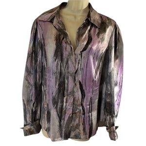Jones New York size 14W purple & silver  print button down blouse French Cuffs